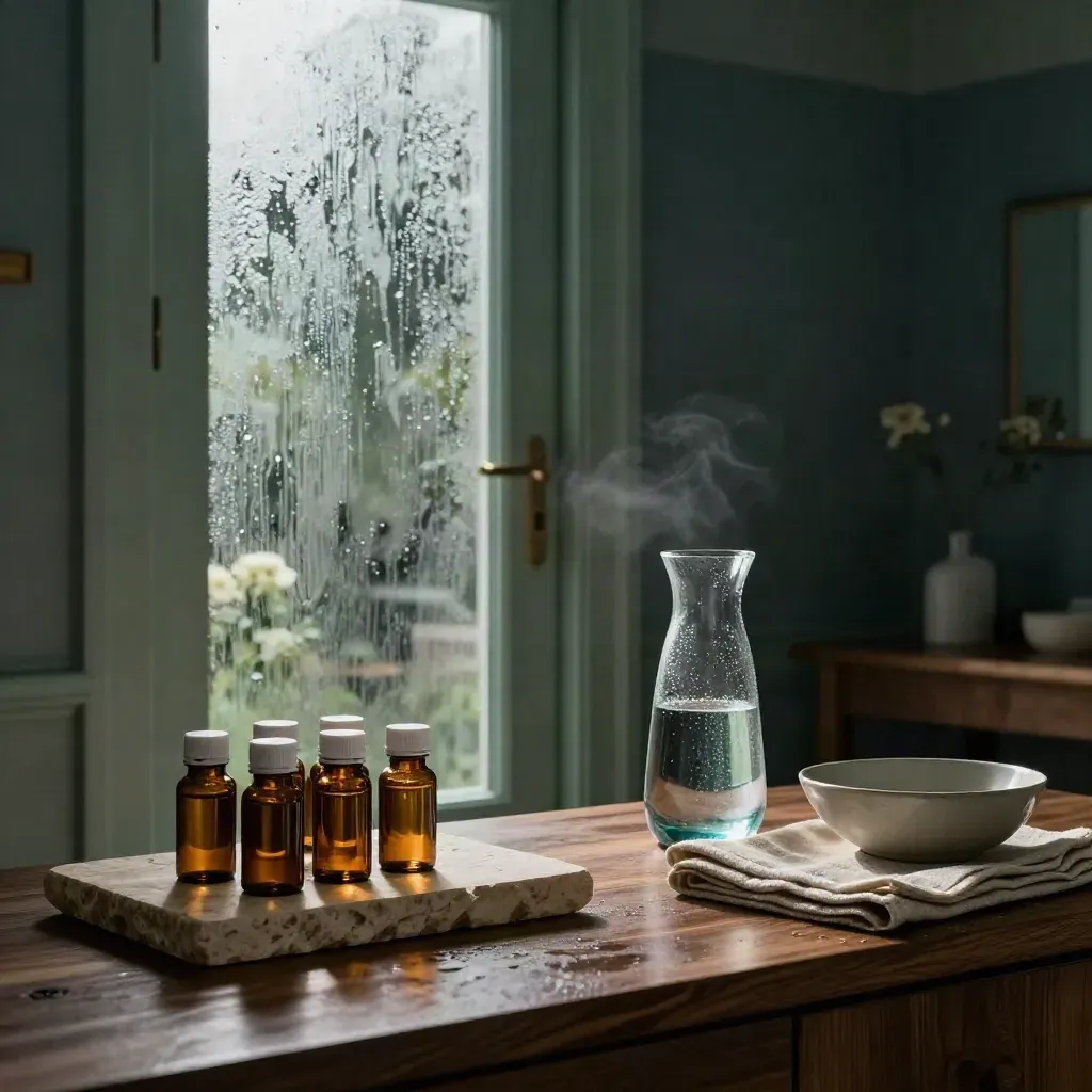 Luxury wellness room threshold with vitamin vials, carafe, linen and stone at dawn