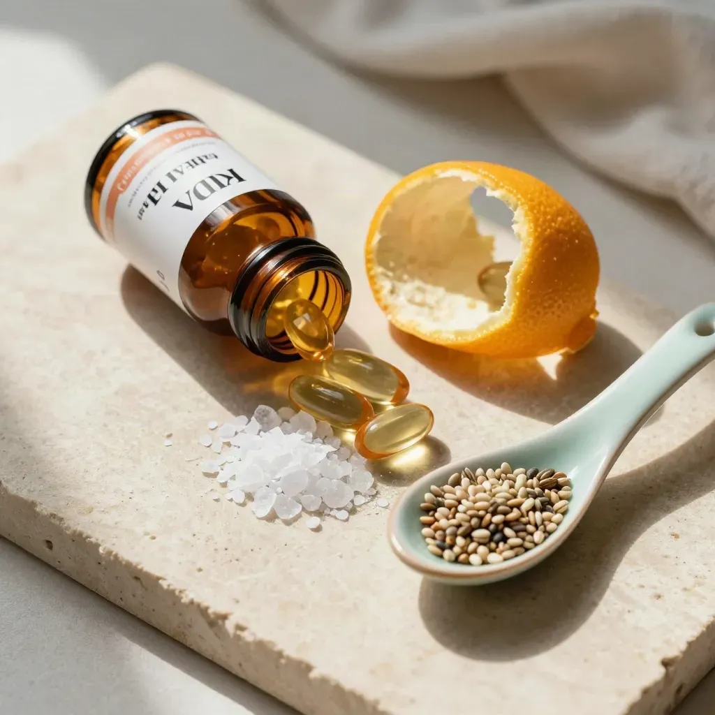 Amber supplement vial, citrus peel, magnesium flakes, and seeds on pale stone in warm sun.