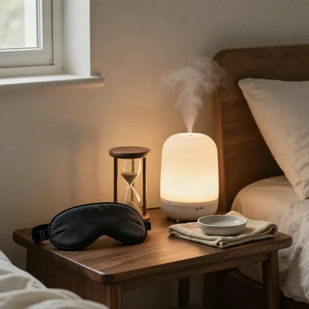 Sleep mask, diffuser, lamp base and hourglass timer on a calm bedside table at dusk.