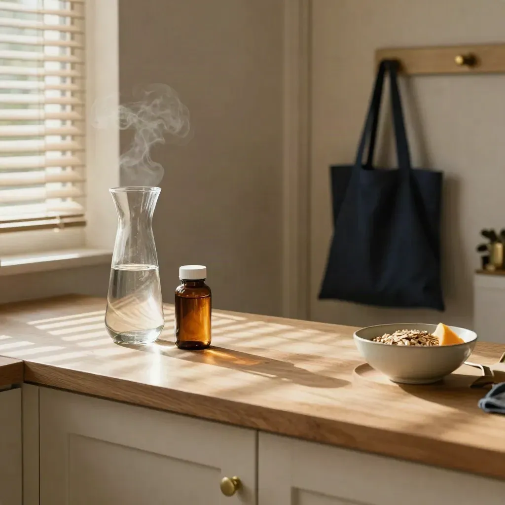 Sunlit kitchen counter with carafe, supplement bottle, breakfast bowl, and navy tote by the door.