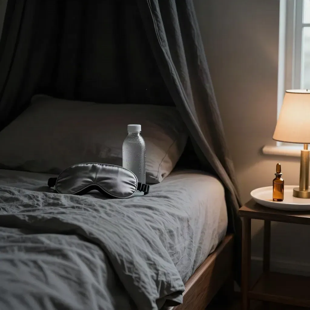 Bedside sleep setup with blackout drape, sleep mask, water bottle, amber vial, and lamp