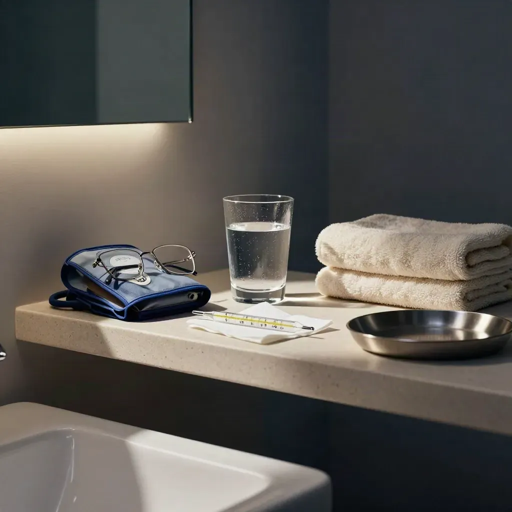 Bathroom shelf with blood pressure cuff, glasses, thermometer, water and folded towel