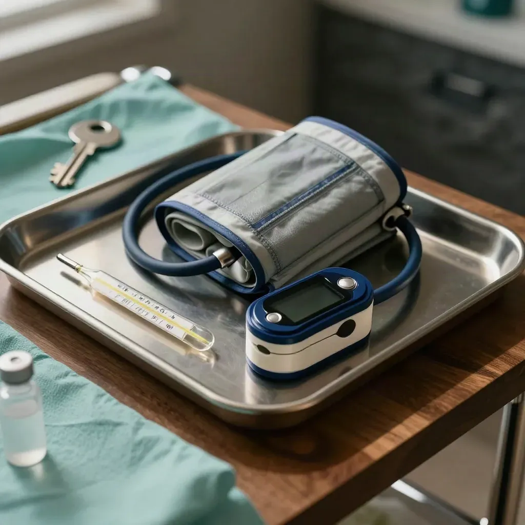 Medical tools on a walnut tray with teal cloth and frosted vial under dramatic light.