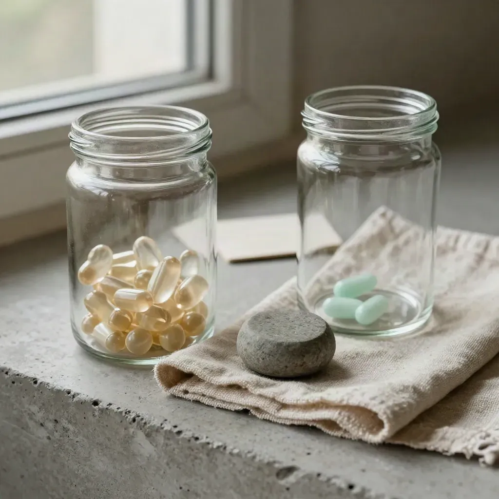 Two glass jars, a stone weight, and a linen fold on concrete, softly lit from one side.
