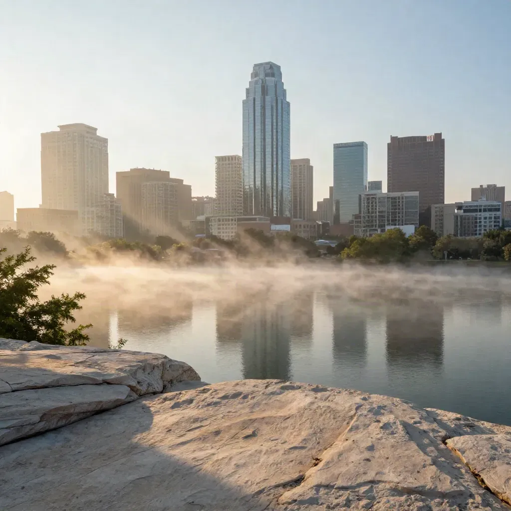 Austin skyline at sunrise over Lady Bird Lake with calm water and hazy tree line